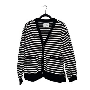 Grey State Black White Stripe Cardigan Sweater Knit V Neck Button Front‎ XL